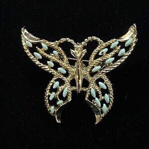 Gerry's Gold Butterfly Brooch Open Filigree Enameled Light Blue